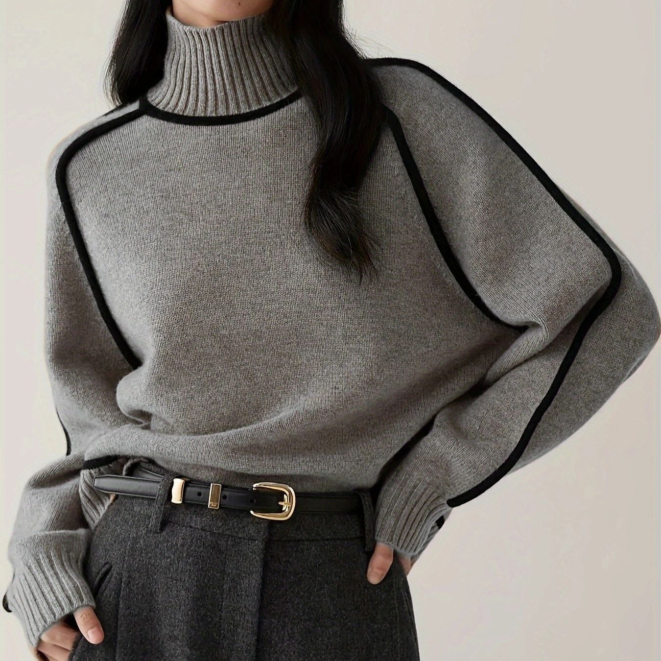 Elegant Contrast Turtleneck Sweater