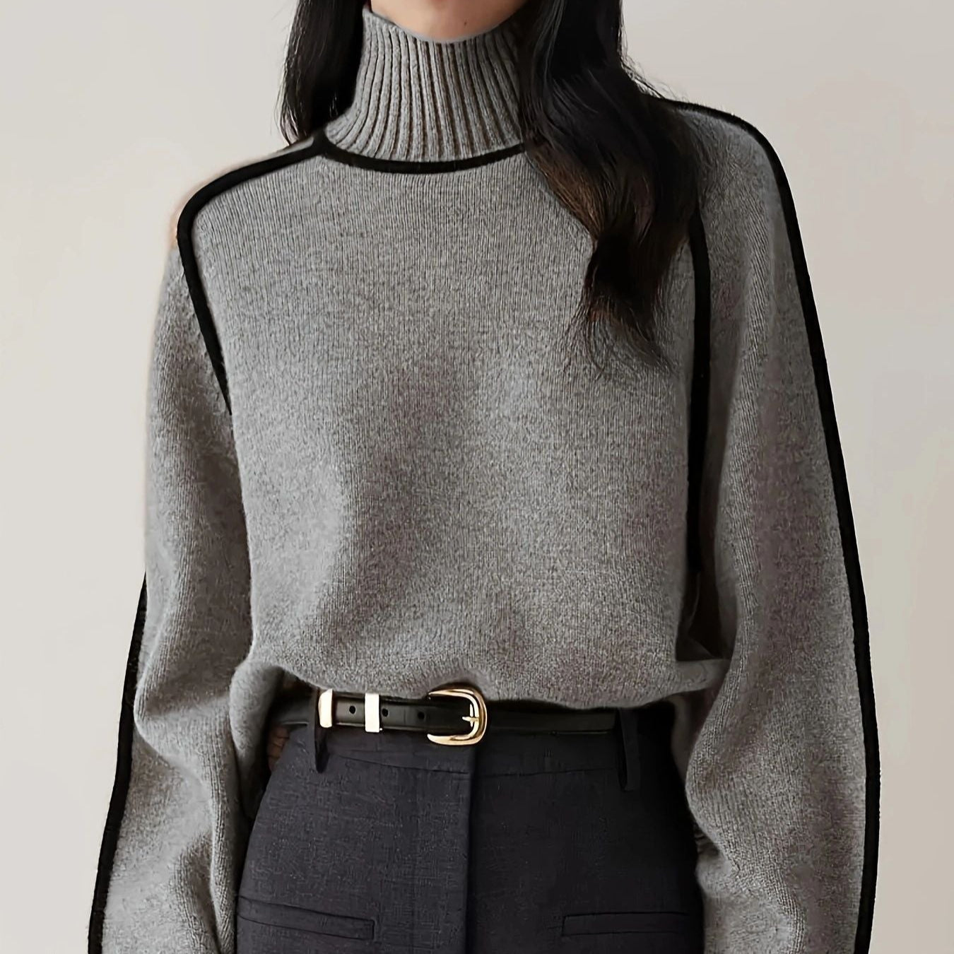 Elegant Contrast Turtleneck Sweater