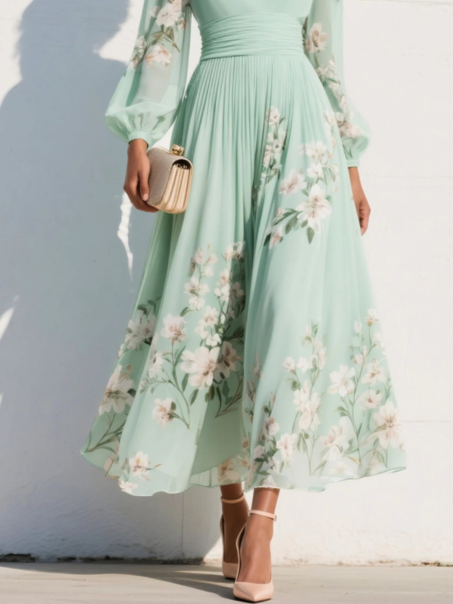 Mathilda | V-Neck Chiffon Pleated Floral Midi Dress