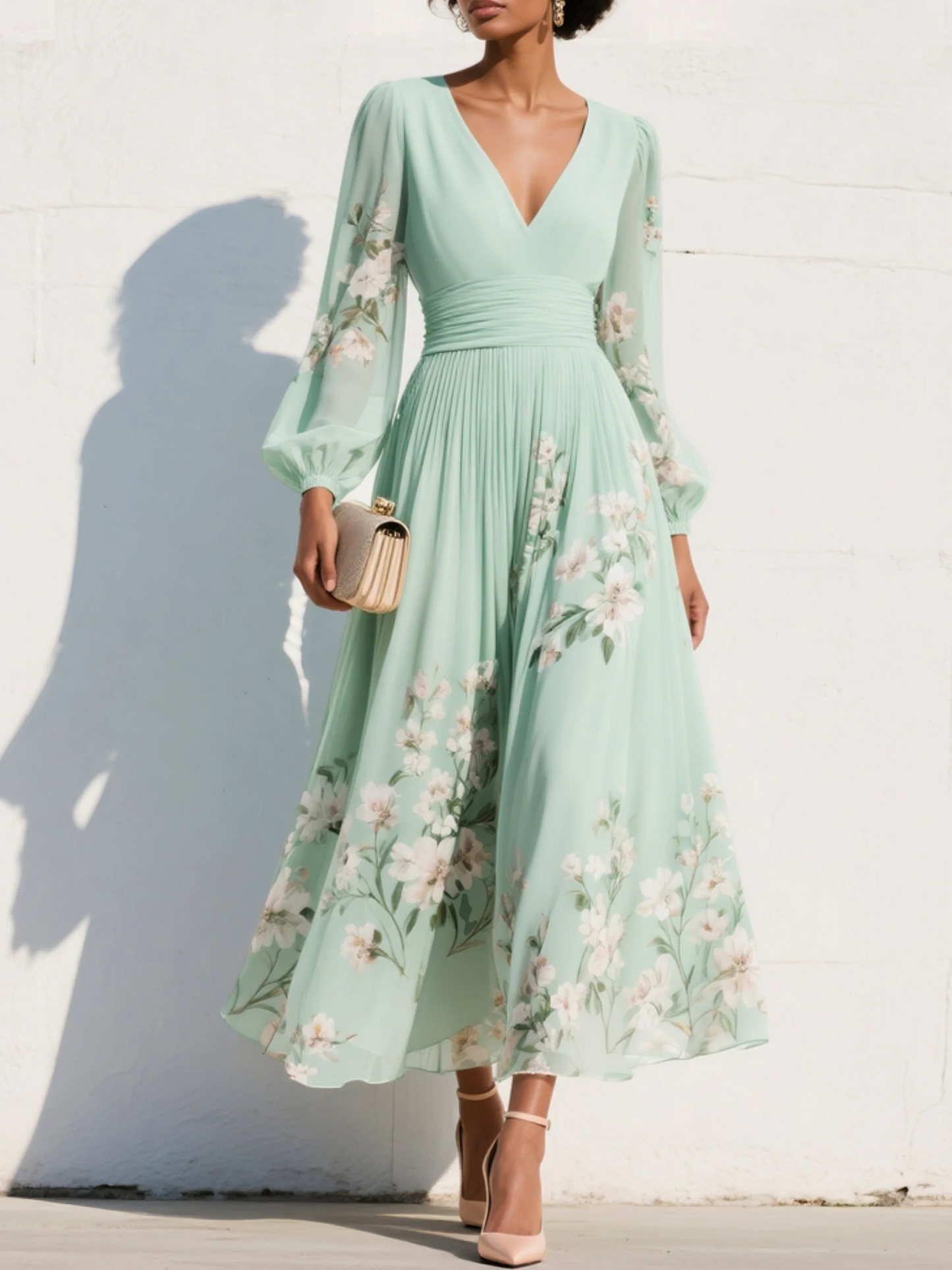 Mathilda | V-Neck Chiffon Pleated Floral Midi Dress