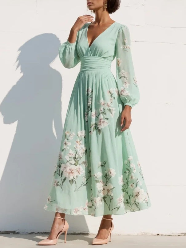 Mathilda | V-Neck Chiffon Pleated Floral Midi Dress