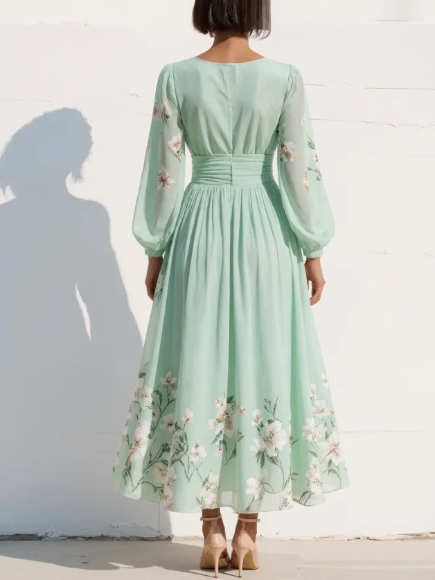 Mathilda | V-Neck Chiffon Pleated Floral Midi Dress