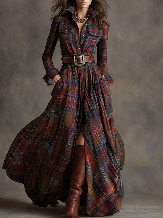 Margaret | Plaid Long-Sleeve Maxi Dress