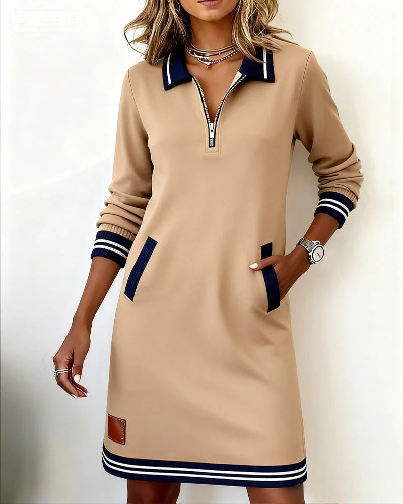Eliana | Elegant Zip-Collar Striped Midi Dress