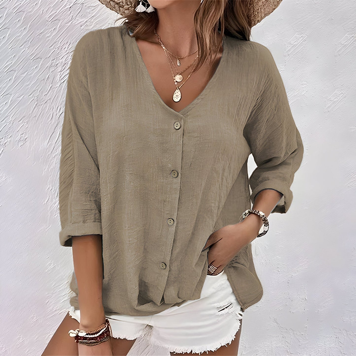 Casual Button-Down V-Neck T-shirt
